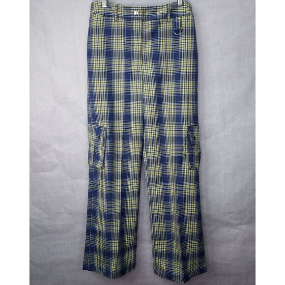 Forever 21 Kick Pants Women Medium Yellow Blue Tartan Plaid Wide-Leg Cargo Punk - Picture 1 of 16